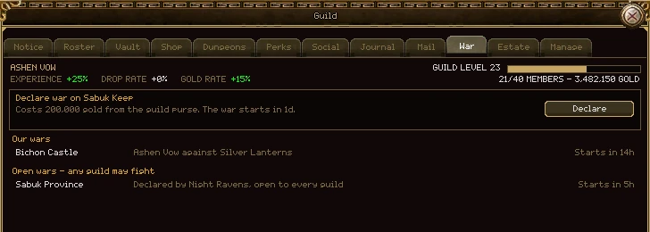 The War tab: Declare war on Sabuk Keep, costs 200,000 gold from the guild purse and starts in 1 day, with a Declare button; Our wars lists Bichon Castle, Ashen Vow against Silver Lanterns, starts in 14 hours; Open wars lists Sabuk Province, declared by Night Ravens, open to every guild, starts in 5 hours.