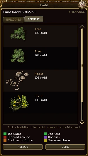 The Build window on its SCENERY tab: two trees, rocks and a shrub at 100 gold each.