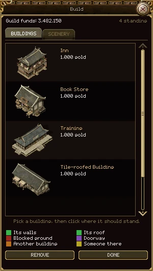 The Build window on its BUILDINGS tab: guild funds 3,482,150, 4 standing, a list of an Inn, a Book Store, a Training hall and a Tile-roofed Building at 1,000 gold each, a hint line, a colour key to the marks, and REMOVE and DONE buttons.