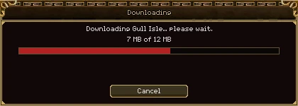 The Downloading window: Downloading Gull Isle... please wait. 7 MB of 12 MB, a red progress bar a little over half full, and a Cancel button.