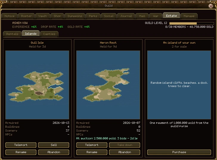 The guild window's Estate tab on its Islands section: three cards side by side. Gull Isle, held for 3 days, with its minimap, acquired 2026-10-13, 4 buildings, 37 scenery, and Teleport, Sell, Rename and Abandon buttons; Heron Rest, held for 9 days, at auction for 2,500,000 gold with 3 bids, its Take down button greyed; and An island of your own, 2 for sale, one payment of 1,000,000 gold from the guild purse, with a Purchase button.