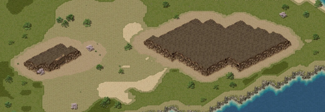 A close view of two raised rocky plateaus on an island: a small one on the left with a temple door, and a large stepped one on the right.