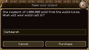 The Name your island window: One payment of 1,000,000 gold from the guild purse. What will your guild call it? A box with Saltmarsh typed in, and Cancel and Purchase buttons.