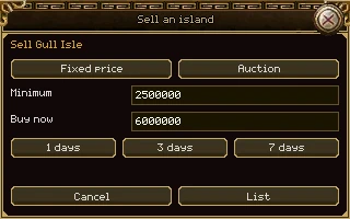 The Sell an island window for Gull Isle: Fixed price and Auction buttons, a Minimum box holding 2500000, a Buy now box holding 6000000, buttons for 1, 3 and 7 days, and Cancel and List.