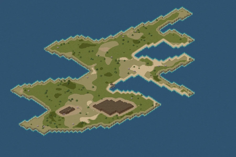 A whole island seen from above: a long, forked landmass of grass and sand in open sea, edged with cliffs and beaches, with a dock in the inlet in the middle, trees and rocks scattered over it, and two raised rocky mesas in the south.
