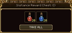 A window titled Instance Reward Chest (I) holding 20 healing potions and 20 mana potions, with a Take All button.