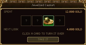 The same casket settled: 12,000 gold spent, three cards face down with a question mark and one turned over, Next look 4,000 gold, Click a card to turn it over, and a dimmed Take It button.