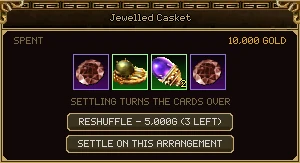 A Jewelled Casket with 10,000 gold spent, four prizes face up, Settling turns the cards over, and the buttons Reshuffle 5,000G (3 left) and Settle on this arrangement.