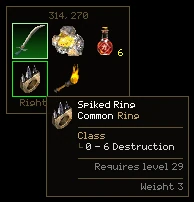 The same box with the pointer on the ring and the Spiked Ring's tooltip below it.