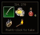 A small see-through box with the cell's map position 314, 270 at the top, five items in a three by three grid (a sword, gold ore, six potions, a ring and a torch) and Right-click to take underneath.