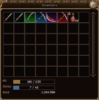 The bag with seven items along the top row: a plain sword, a sword ringed in teal, a pale green sword, a blue pickaxe, a purple blade, a red pickaxe and a stack of potions with a padlock on it.
