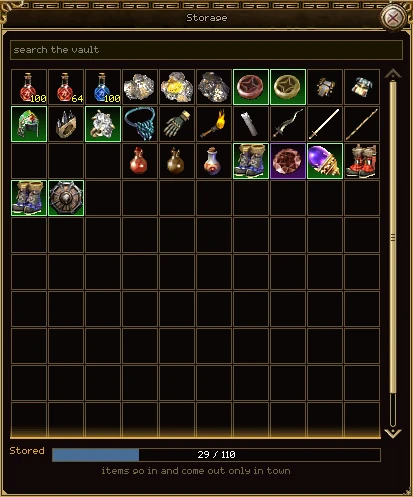 The Storage window: a search box, a grid ten cells across holding potions, ores, gems, armour, rings, weapons and elixirs, a Stored bar reading 29 of 110, and the line items go in and come out only in town.