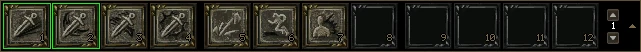 A warrior's magic bar with Thrusting and Half Moon on slots 1 and 2, both with green borders because they are switched on, then Flaming Sword, Dragon Rise, Blade Storm, Shoulder Dash and Defiance.