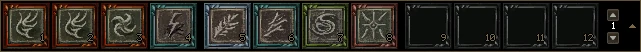 The magic bar with eight wizard spells on slots 1 to 8, four empty slots, and the set number 1 with arrows at the right-hand end.