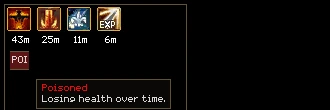 The same strip with the pointer on the red POI box, whose tooltip reads Poisoned, losing health over time.