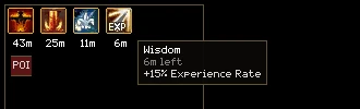 Four buff icons with their time left under each: two elixirs at 43 and 25 minutes, Magic Shield at 11 minutes and the Wisdom blessing at 6 minutes, whose tooltip reads Wisdom, 6m left, +15% Experience Rate. A red box marked POI sits on the row below.