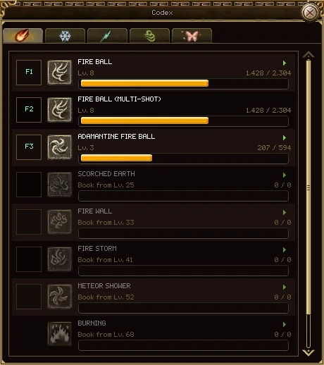The Codex on a wizard's fire tab: Fire Ball at level 8 bound to F1, its Multi-shot version on F2, Adamantine Fire Ball at level 3 on F3, then Scorched Earth, Fire Wall, Fire Storm, Meteor Shower and Burning dimmed, each saying the level its book can be read from.