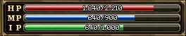 The three bars at the left of the bottom panel: HP 1,840 of 2,210, MP 640 of 900, and the green IP bar at 640 of 1,000.
