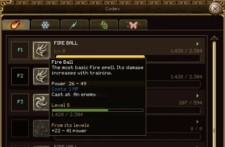 The tooltip over Fire Ball's icon: its description, power 26 to 49, costs 1 MP, cast at an enemy, level 8 with 1,428 of 2,304 experience, and +22 to 41 power from its levels.