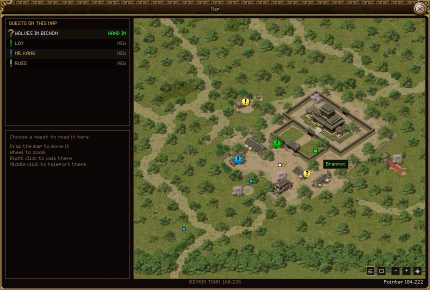 The big map window over Bichon Town. On the left, QUESTS ON THIS MAP lists Wolves in Bichon with HAND IN, and Loy, Mr. Kang and Russ with NEW, and under it the hints for each mouse button. On the right, the town and the forest round it, with quest bubbles over four NPCs, the player's white square, ally markers with the name Brannoc showing, and five small buttons in the bottom right corner. The footer says BICHON TOWN 160,236 and Pointer 173,251.