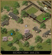 The minimap over Bichon Town: houses and trees, a white square in the middle for the player, small green, blue, red and yellow dots, a lime square and a sky blue square, and BICHON TOWN 160,236 along the bottom.