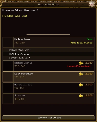 The Hexa Holy Stone's window: Where would you like to go? with Freedom Pass and Exit links, and under it a list: Bichon Town, Free, with its local places Palace, Mines and Caves shown; Bichon Castle, 10,000, Level 45 required in red; Lost Paradise, 10,000, picked; Banya Village and Shandam, 10,000 each. The button at the bottom says Teleport for 10,000.