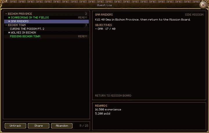 The Quest Log window. On the left, quests grouped under Bichon Province and Bichon Town, two marked READY in green and three with a star for tracked; Oma Raiders is selected. On the right, its text, the objective Oma 17 / 40, Return to Mission Board, and rewards of 16,500 experience and 5,200 gold. Track, Share and Abandon buttons and a count of 5 / 25 sit under the list.