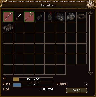 The bag beside a weapon shop. An iron sword and a bronze axe have green borders, picked to sell. Under the grid, Selling 2 and a Sell 2 button.