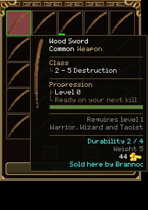 The shop's grid of wood swords with a tooltip over the first one: Wood Sword, Common Weapon, Durability 2 / 4, a price of 44 gold, and Sold here by Brannoc.