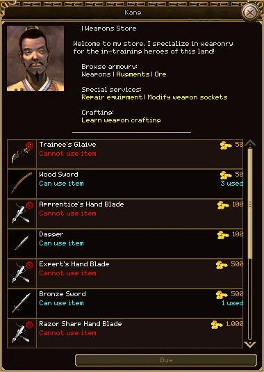 Mr. Kang's weapon shop: rows of weapons with their pictures, names, prices in gold, a line saying Can use item in blue or Cannot use item in red, and a count of used ones on some rows. A greyed Buy button sits at the foot.