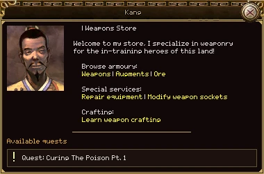 Mr. Kang's conversation window: his portrait, a short welcome to his weapons store, yellow links for Weapons, Augments, Ore, Repair equipment, Modify weapon sockets and Learn weapon crafting, and under it a list of available quests with one quest in it.