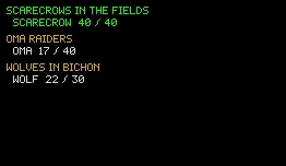 The quest tracker: Scarecrows in the Fields in green with Scarecrow 40 / 40, Oma Raiders with Oma 17 / 40, and Wolves in Bichon with Wolf 22 / 30.