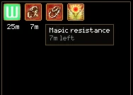 Four buff icons: an elixir with 25m under it, magic resistance and resilience with 7m each, and a guild buff with no clock. The pointer is on magic resistance, whose tooltip says 7m left. A thin frame shows the bar's full size, with a grip in its corner.