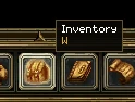The pointer on the bag button, with a tooltip reading Inventory and W.