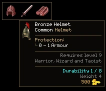 Three red pictures in a strip: a helmet, a sword and a pair of shoes. The pointer is on the helmet, showing its tooltip with Durability 1 / 8.