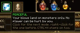 The pointer on the attack mode icon, edged in green, with a tooltip: PEACEFUL. Your blows land on monsters only. No player can be hurt by you. Click for the next mode, right-click for the one before. CTRL+H steps on too.