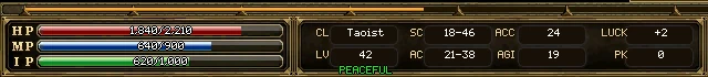 The left half of the bottom panel: the experience bar along the top, HP, MP and IP bars, and the numbers CL Taoist, LV 42, SC 18-46, AC 21-38, ACC 24, AGI 19, LUCK +2 and PK 0, with PEACEFUL under them.
