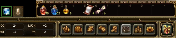 The right half of the bottom panel: eight round buttons and the larger store button. Above it sit the attack and pet mode icons and the belt, holding healing and mana potions, a rejuvenation potion and two teleport scrolls, with the keys 1 to = in the slots' corners.
