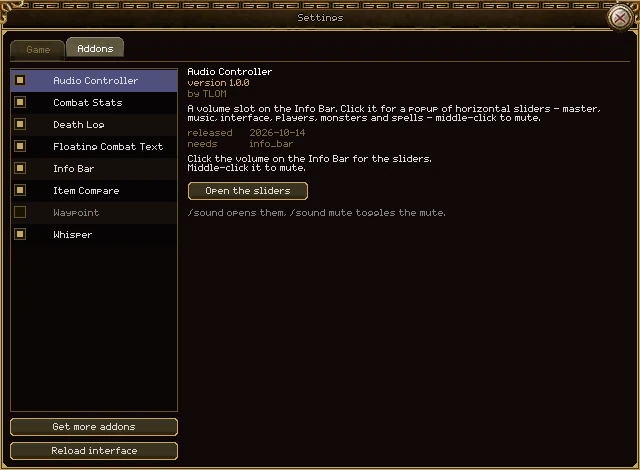 The Addons tab of the settings window: eight addons with tick boxes down the left, Waypoint unticked and grey, Audio Controller chosen with its version, author, description, release date, needs info_bar, and its own Open the sliders button, and Get more addons and Reload interface buttons at the bottom.