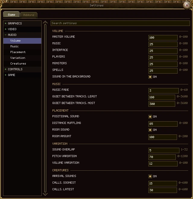The Audio page of the settings window: Volume, Music, Placement, Variation and Creatures sections.