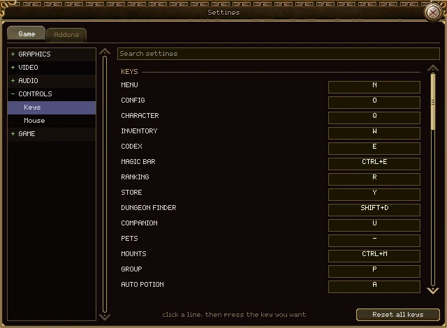 The Controls page of the settings window: a list of actions such as MENU, CONFIG, CHARACTER and INVENTORY, each with its key in a box, the hint click a line, then press the key you want, and a Reset all keys button.
