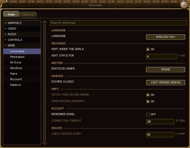 The Game page of the settings window: Language set to ENGLISH (UK), Messages, Writing, Windows, Maps, Account and Addons sections.
