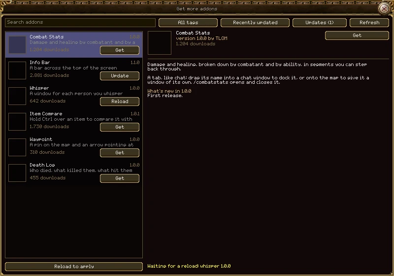 The Get more addons window: a search box, All tags, Recently updated, Updates (1) and Refresh along the top; a list of six addons each with a version, a line about it, downloads and a Get, Update or Reload button; Combat Stats chosen on the right with its description and What's new; Reload to apply at the bottom and Waiting for a reload: whisper 1.0.0.