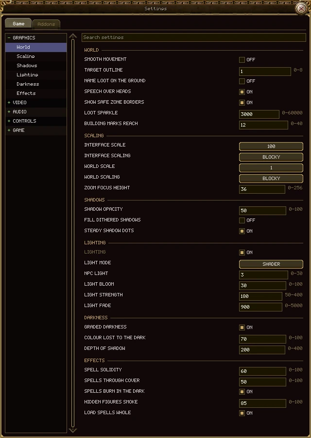 The Graphics page of the settings window, every row from World down to Effects.