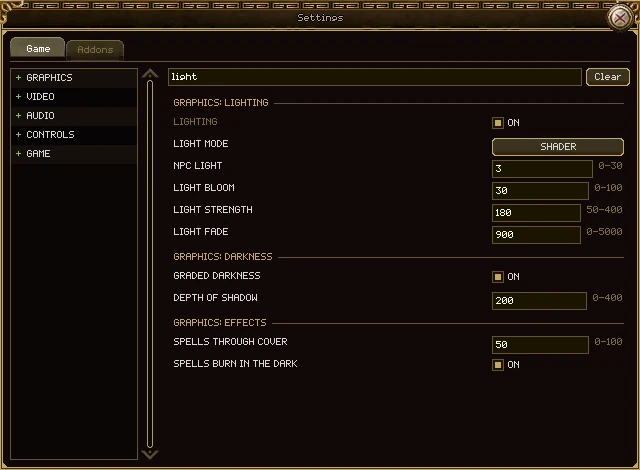 The settings window with light typed in the search box: the rows from Graphics Lighting, Graphics Darkness and Graphics Effects that mention light, each under a heading naming its page and section.