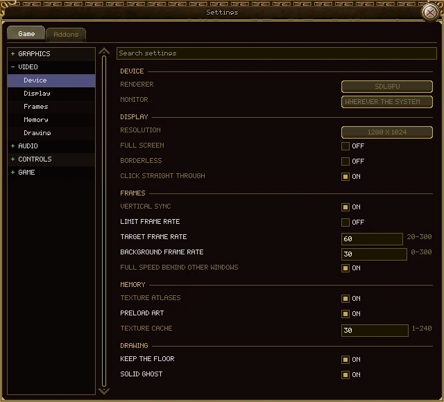 The Video page of the settings window: Device, Display, Frames, Memory and Drawing sections, with the rows that need a restart in grey.