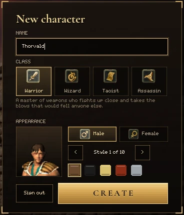 The New character card: a Name box holding Thorvald, four class tiles with Warrior chosen and a line about it, the Appearance row with a hair portrait, Male and Female, Style 1 of 10, five hair colours, and Sign out and CREATE buttons.