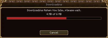 The Downloading window: Downloading Ashen Vow Isle... please wait. 4 MB of 6 MB, a red progress bar about two thirds full, and a Cancel button.
