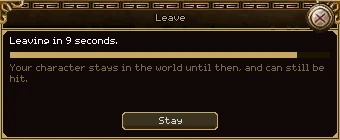 The Leave window counting down: Leaving in 9 seconds, a draining bar, and Your character stays in the world until then, and can still be hit. A Stay button.