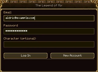 The login window titled The Legend of Mir: boxes for Email, Password and Character (optional), and the Log In and New Account buttons.